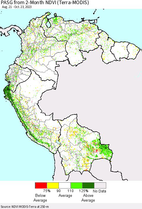 Northern South America PASG from 2-Month NDVI (Terra-MODIS) Thematic Map For 10/16/2023 - 10/23/2023