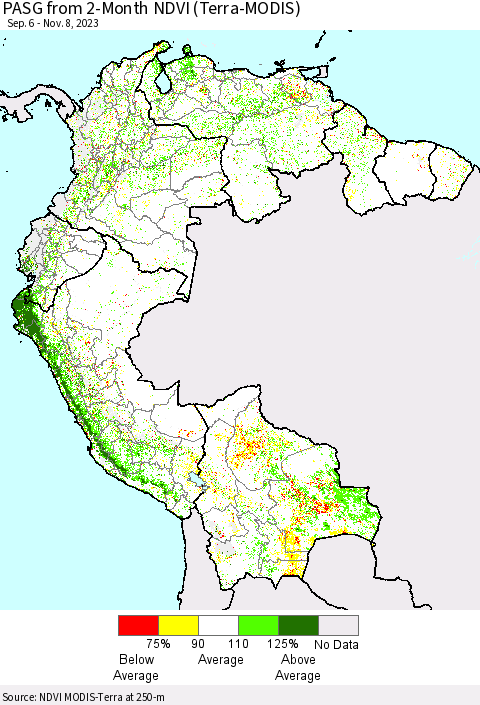 Northern South America PASG from 2-Month NDVI (Terra-MODIS) Thematic Map For 11/1/2023 - 11/8/2023