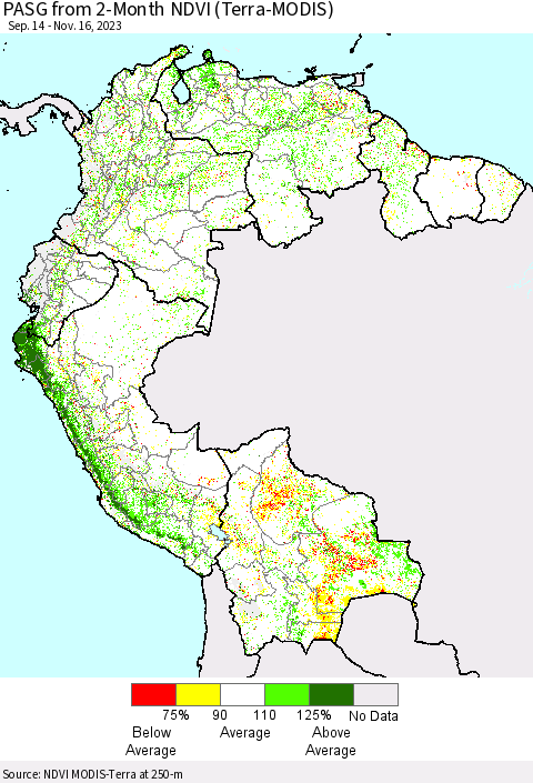 Northern South America PASG from 2-Month NDVI (Terra-MODIS) Thematic Map For 11/9/2023 - 11/16/2023