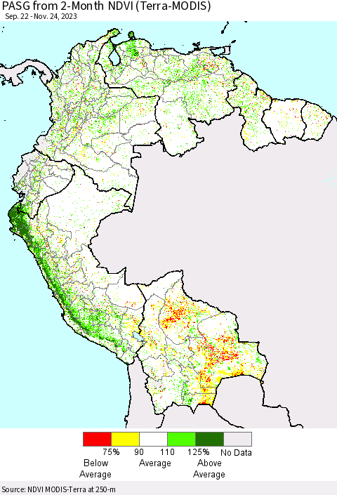 Northern South America PASG from 2-Month NDVI (Terra-MODIS) Thematic Map For 11/17/2023 - 11/24/2023