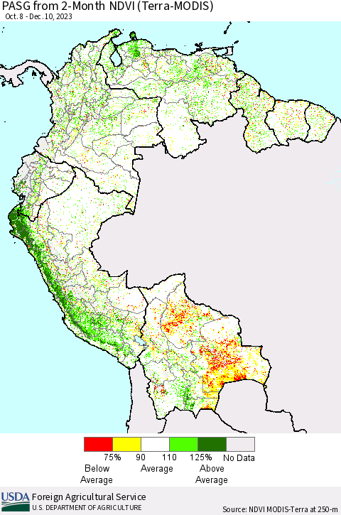 Northern South America PASG from 2-Month NDVI (Terra-MODIS) Thematic Map For 12/3/2023 - 12/10/2023