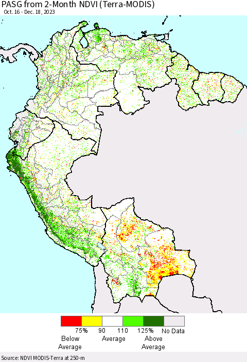 Northern South America PASG from 2-Month NDVI (Terra-MODIS) Thematic Map For 12/11/2023 - 12/18/2023