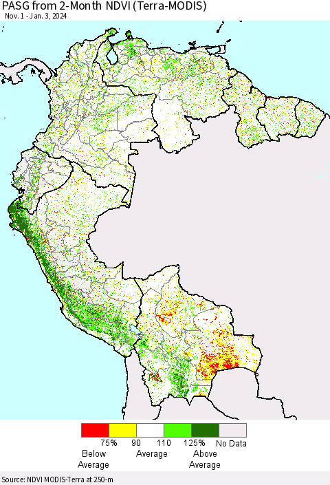 Northern South America PASG from 2-Month NDVI (Terra-MODIS) Thematic Map For 12/27/2023 - 1/3/2024
