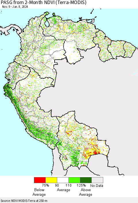 Northern South America PASG from 2-Month NDVI (Terra-MODIS) Thematic Map For 1/1/2024 - 1/8/2024
