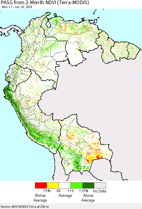 Northern South America PASG from 2-Month NDVI (Terra-MODIS) Thematic Map For 1/9/2024 - 1/16/2024