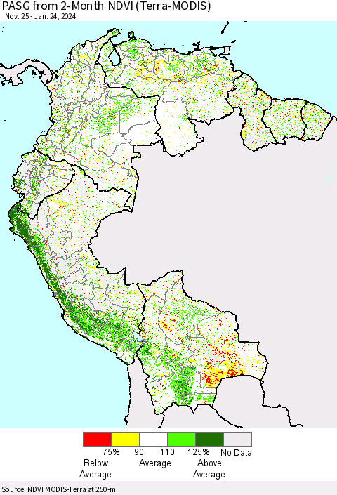 Northern South America PASG from 2-Month NDVI (Terra-MODIS) Thematic Map For 1/17/2024 - 1/24/2024