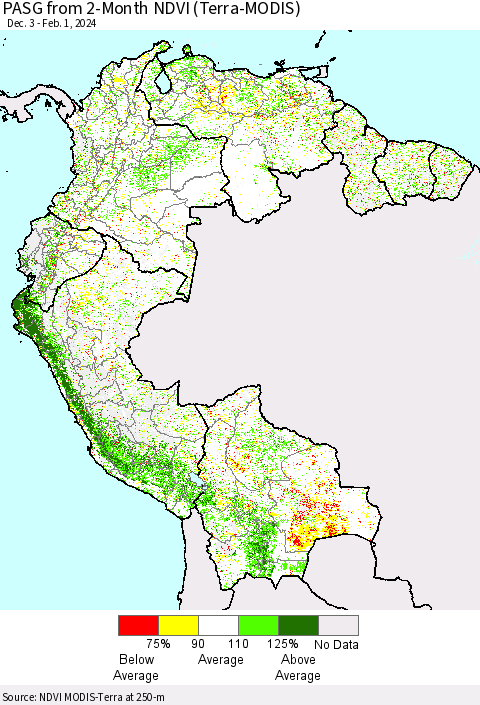 Northern South America PASG from 2-Month NDVI (Terra-MODIS) Thematic Map For 1/25/2024 - 2/1/2024