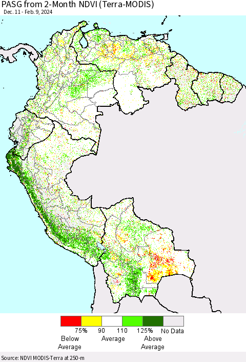Northern South America PASG from 2-Month NDVI (Terra-MODIS) Thematic Map For 2/2/2024 - 2/9/2024