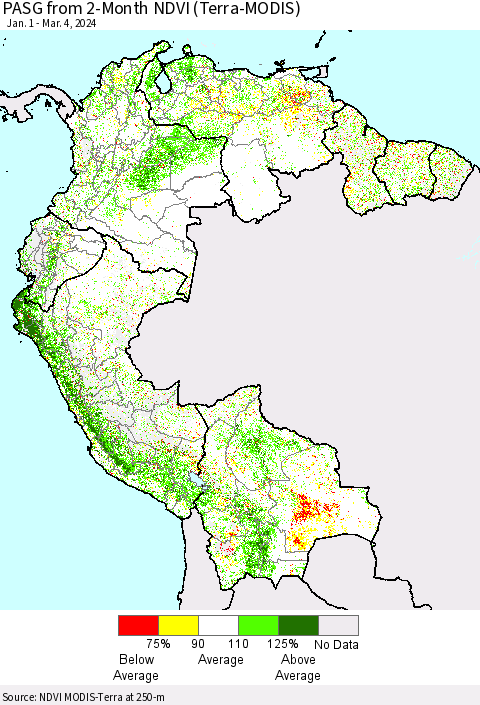 Northern South America PASG from 2-Month NDVI (Terra-MODIS) Thematic Map For 2/26/2024 - 3/4/2024