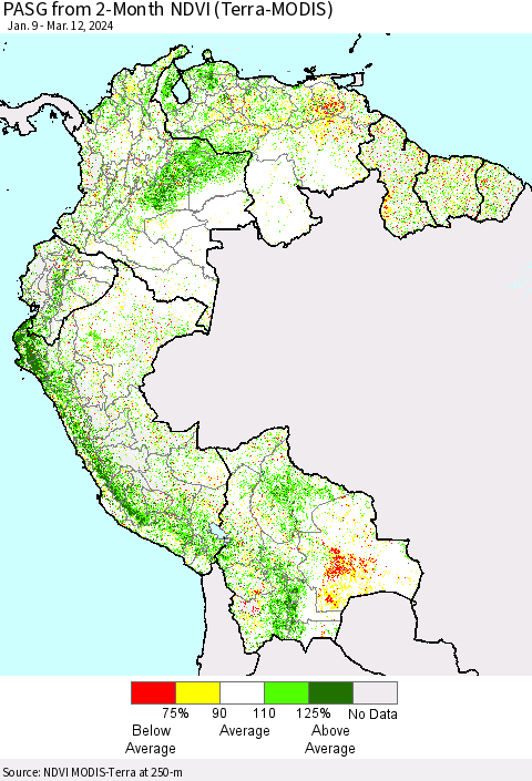 Northern South America PASG from 2-Month NDVI (Terra-MODIS) Thematic Map For 3/5/2024 - 3/12/2024