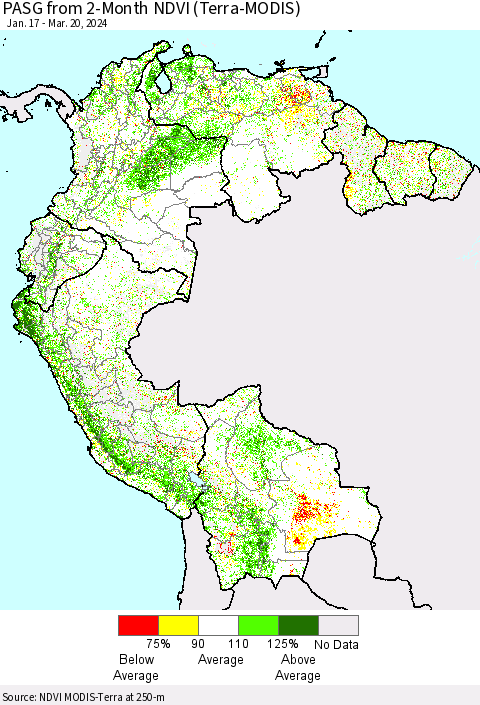 Northern South America PASG from 2-Month NDVI (Terra-MODIS) Thematic Map For 3/13/2024 - 3/20/2024