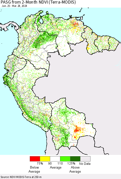 Northern South America PASG from 2-Month NDVI (Terra-MODIS) Thematic Map For 3/21/2024 - 3/28/2024