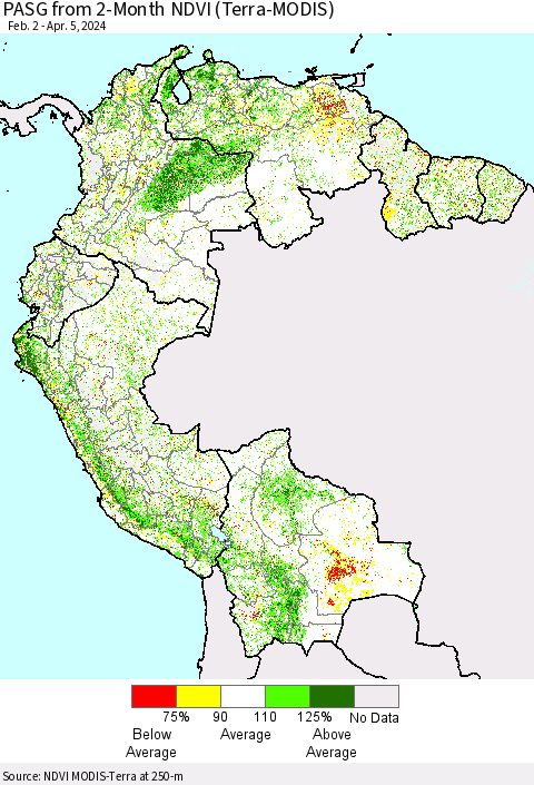 Northern South America PASG from 2-Month NDVI (Terra-MODIS) Thematic Map For 3/29/2024 - 4/5/2024