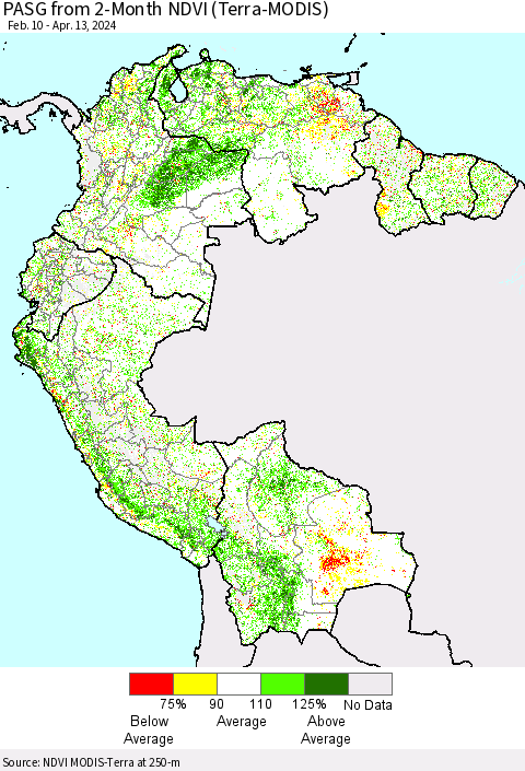 Northern South America PASG from 2-Month NDVI (Terra-MODIS) Thematic Map For 4/6/2024 - 4/13/2024