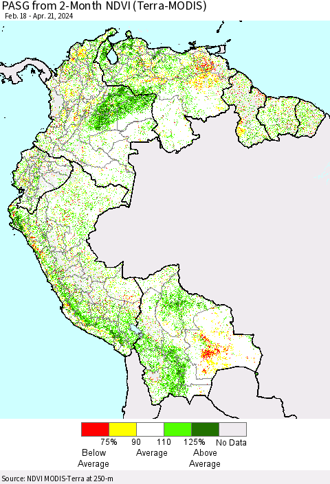 Northern South America PASG from 2-Month NDVI (Terra-MODIS) Thematic Map For 4/14/2024 - 4/21/2024
