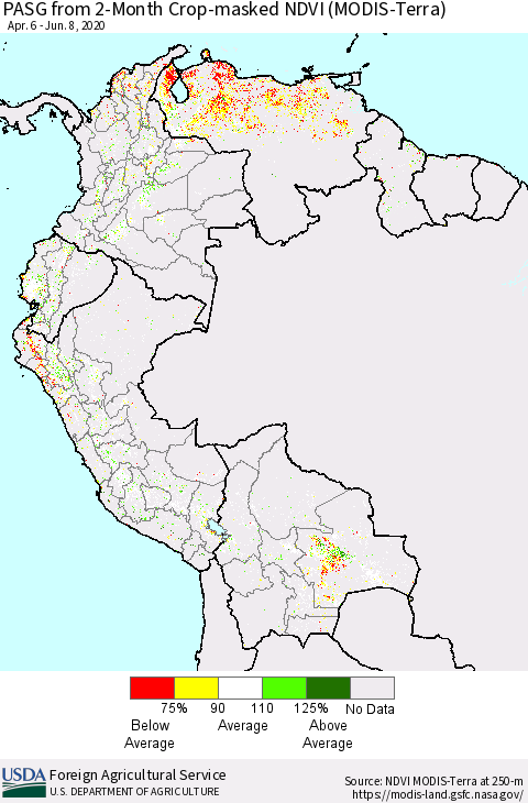 Northern South America PASG from 2-Month Cropland NDVI (Terra-MODIS) Thematic Map For 6/1/2020 - 6/10/2020
