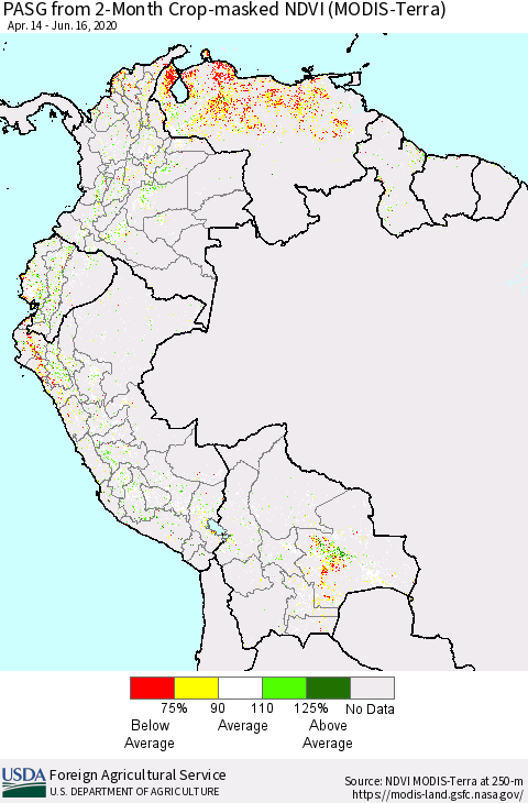 Northern South America PASG from 2-Month Cropland NDVI (Terra-MODIS) Thematic Map For 6/11/2020 - 6/20/2020