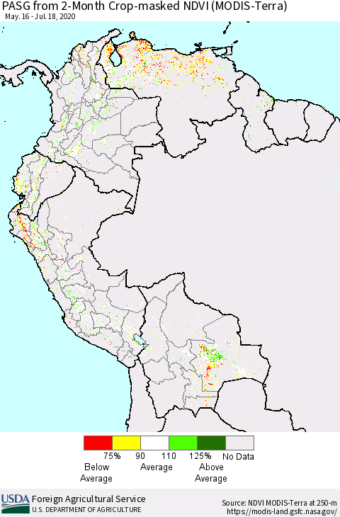 Northern South America PASG from 2-Month Cropland NDVI (Terra-MODIS) Thematic Map For 7/11/2020 - 7/20/2020