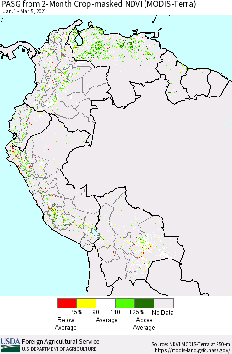 Northern South America PASG from 2-Month Cropland NDVI (Terra-MODIS) Thematic Map For 3/1/2021 - 3/10/2021