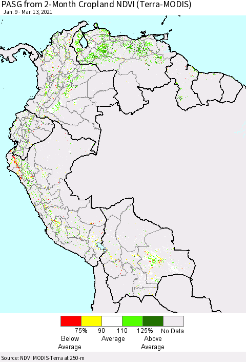 Northern South America PASG from 2-Month Cropland NDVI (Terra-MODIS) Thematic Map For 3/6/2021 - 3/13/2021