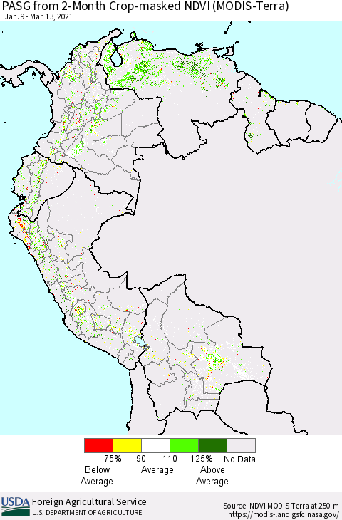Northern South America PASG from 2-Month Cropland NDVI (Terra-MODIS) Thematic Map For 3/11/2021 - 3/20/2021