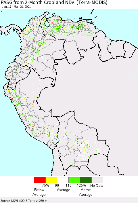 Northern South America PASG from 2-Month Cropland NDVI (Terra-MODIS) Thematic Map For 3/14/2021 - 3/21/2021