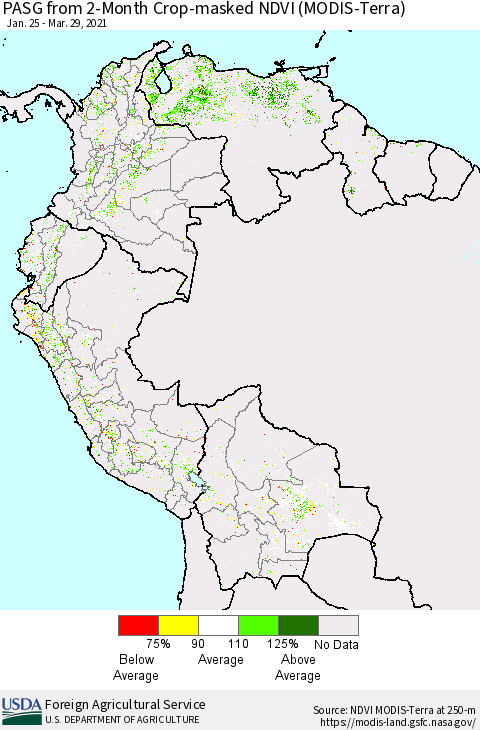 Northern South America PASG from 2-Month Cropland NDVI (Terra-MODIS) Thematic Map For 3/21/2021 - 3/31/2021