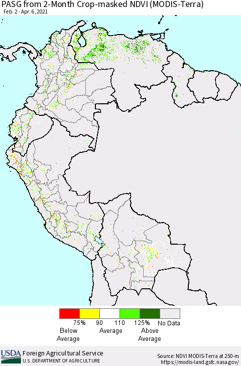 Northern South America PASG from 2-Month Cropland NDVI (Terra-MODIS) Thematic Map For 4/1/2021 - 4/10/2021