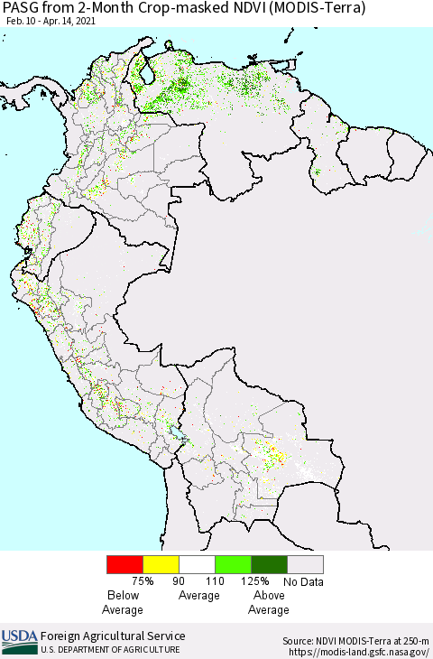 Northern South America PASG from 2-Month Cropland NDVI (Terra-MODIS) Thematic Map For 4/11/2021 - 4/20/2021