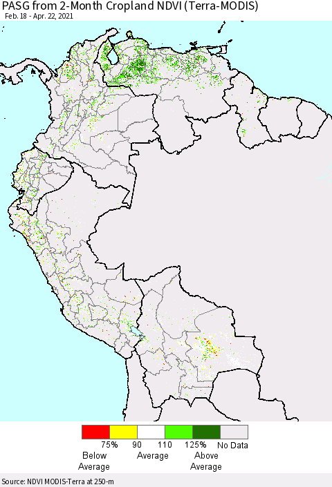 Northern South America PASG from 2-Month Cropland NDVI (Terra-MODIS) Thematic Map For 4/15/2021 - 4/22/2021
