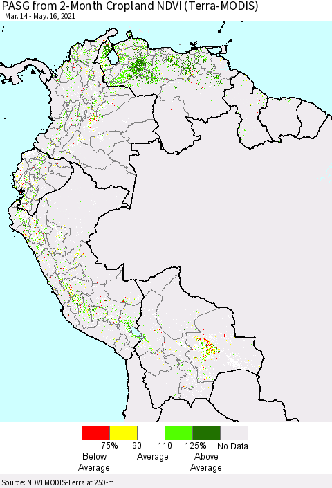 Northern South America PASG from 2-Month Cropland NDVI (Terra-MODIS) Thematic Map For 5/9/2021 - 5/16/2021