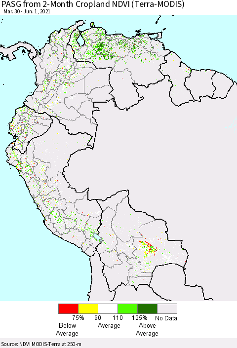 Northern South America PASG from 2-Month Cropland NDVI (Terra-MODIS) Thematic Map For 5/25/2021 - 6/1/2021