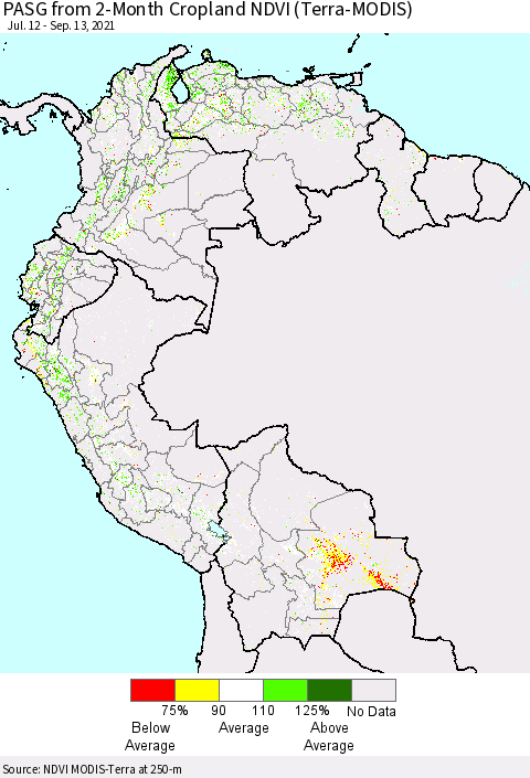 Northern South America PASG from 2-Month Cropland NDVI (Terra-MODIS) Thematic Map For 9/6/2021 - 9/13/2021