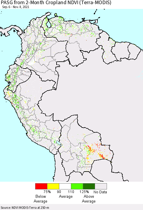 Northern South America PASG from 2-Month Cropland NDVI (Terra-MODIS) Thematic Map For 11/1/2021 - 11/8/2021