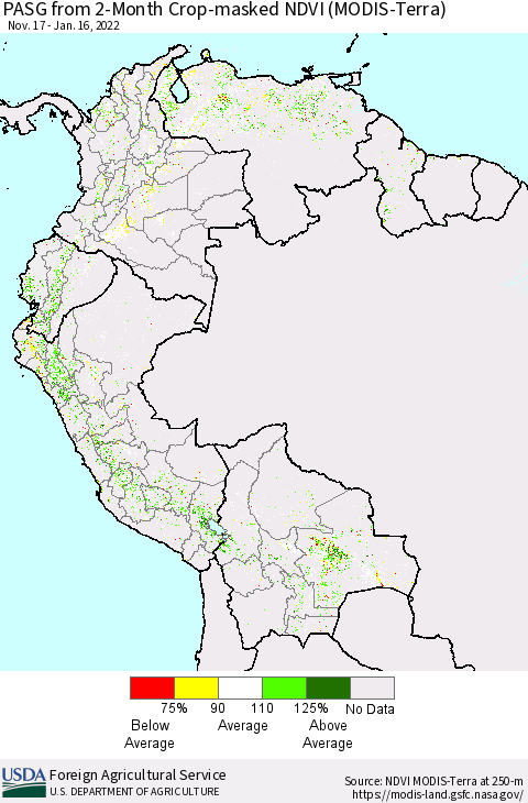 Northern South America PASG from 2-Month Cropland NDVI (Terra-MODIS) Thematic Map For 1/11/2022 - 1/20/2022