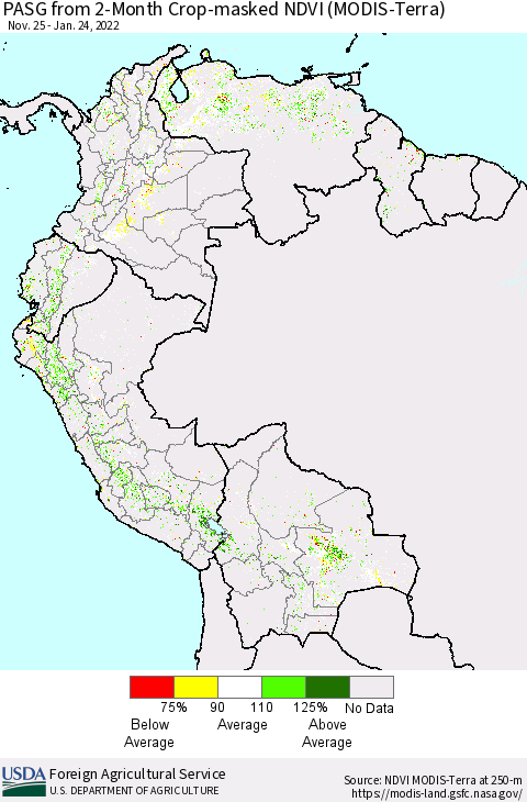 Northern South America PASG from 2-Month Cropland NDVI (Terra-MODIS) Thematic Map For 1/21/2022 - 1/31/2022