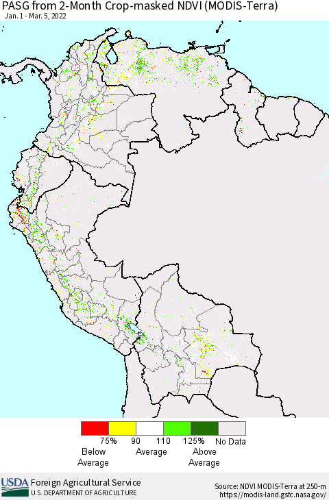 Northern South America PASG from 2-Month Cropland NDVI (Terra-MODIS) Thematic Map For 3/1/2022 - 3/10/2022