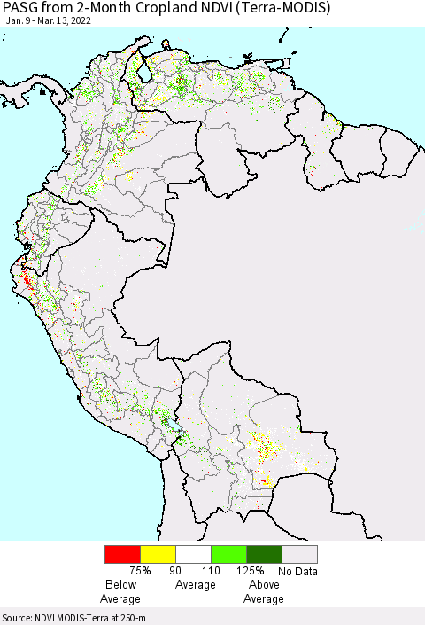 Northern South America PASG from 2-Month Cropland NDVI (Terra-MODIS) Thematic Map For 3/6/2022 - 3/13/2022