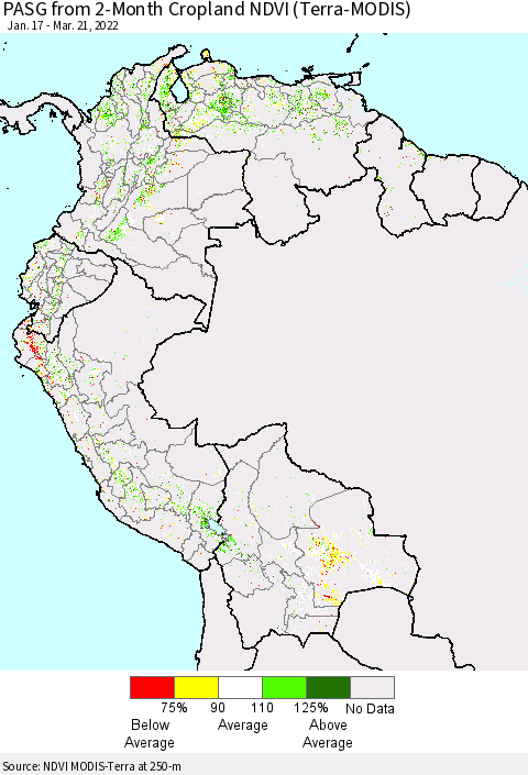 Northern South America PASG from 2-Month Cropland NDVI (Terra-MODIS) Thematic Map For 3/14/2022 - 3/21/2022