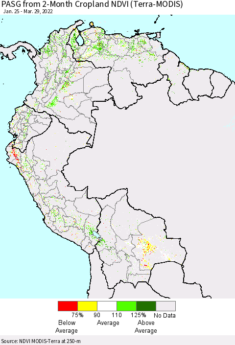 Northern South America PASG from 2-Month Cropland NDVI (Terra-MODIS) Thematic Map For 3/22/2022 - 3/29/2022