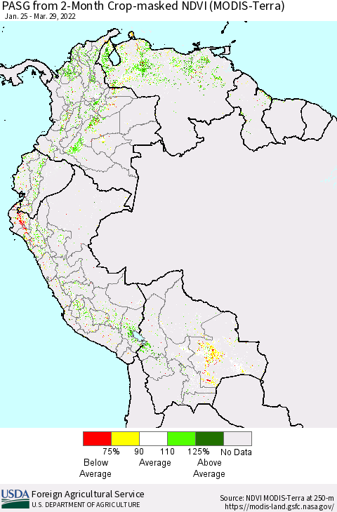 Northern South America PASG from 2-Month Cropland NDVI (Terra-MODIS) Thematic Map For 3/21/2022 - 3/31/2022