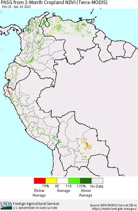 Northern South America PASG from 2-Month Cropland NDVI (Terra-MODIS) Thematic Map For 4/11/2022 - 4/20/2022