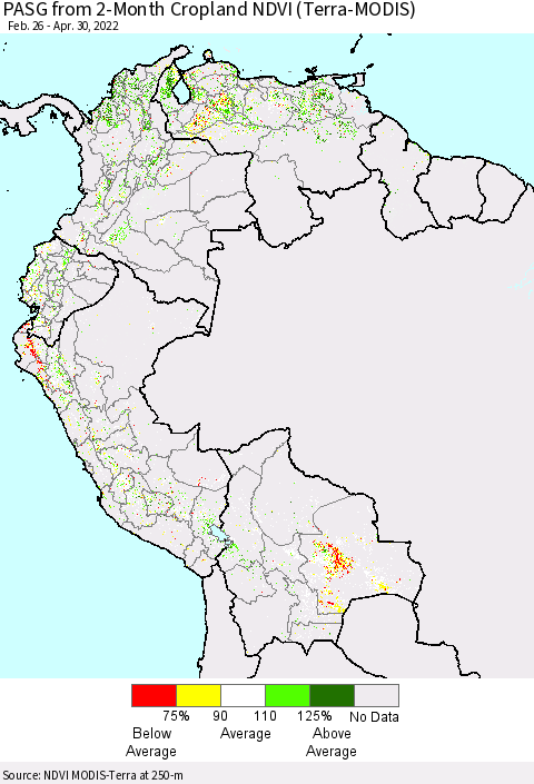 Northern South America PASG from 2-Month Cropland NDVI (Terra-MODIS) Thematic Map For 4/21/2022 - 4/30/2022