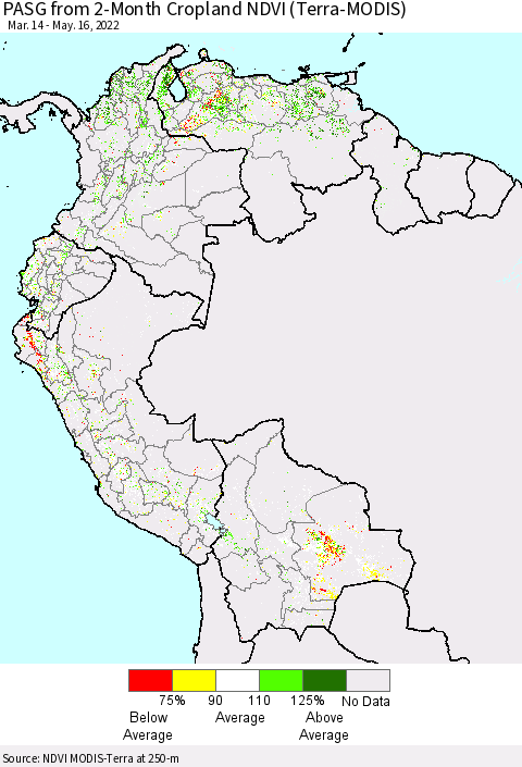 Northern South America PASG from 2-Month Cropland NDVI (Terra-MODIS) Thematic Map For 5/9/2022 - 5/16/2022