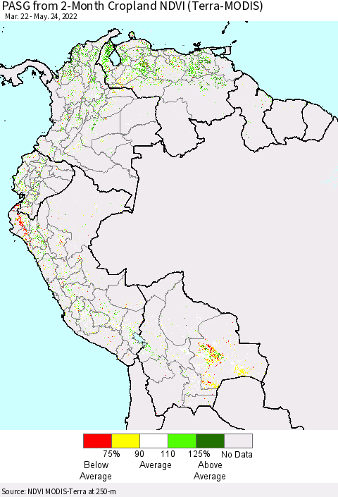 Northern South America PASG from 2-Month Cropland NDVI (Terra-MODIS) Thematic Map For 5/17/2022 - 5/24/2022