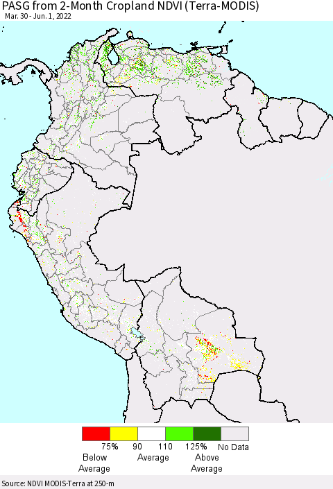 Northern South America PASG from 2-Month Cropland NDVI (Terra-MODIS) Thematic Map For 5/25/2022 - 6/1/2022