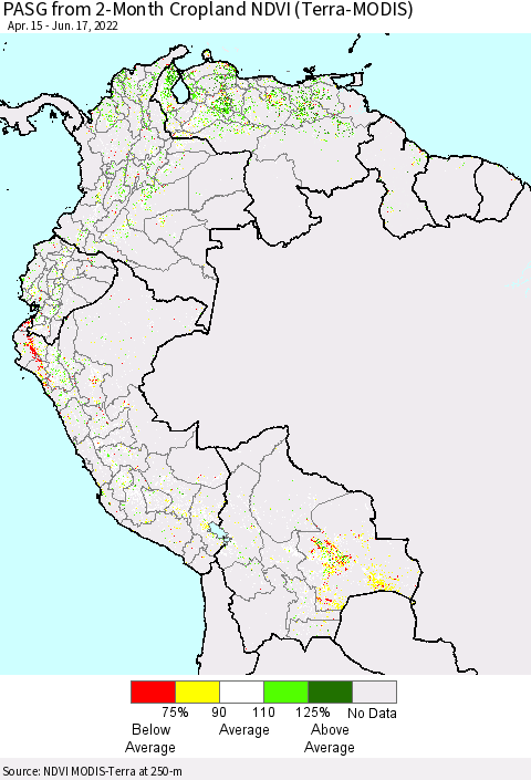 Northern South America PASG from 2-Month Cropland NDVI (Terra-MODIS) Thematic Map For 6/10/2022 - 6/17/2022