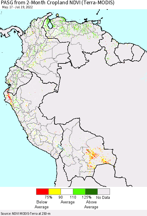 Northern South America PASG from 2-Month Cropland NDVI (Terra-MODIS) Thematic Map For 7/12/2022 - 7/19/2022