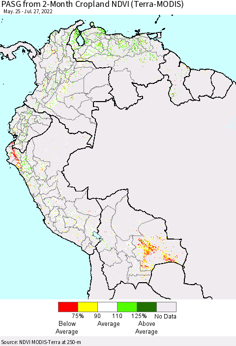 Northern South America PASG from 2-Month Cropland NDVI (Terra-MODIS) Thematic Map For 7/20/2022 - 7/27/2022