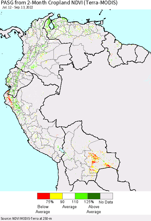 Northern South America PASG from 2-Month Cropland NDVI (Terra-MODIS) Thematic Map For 9/6/2022 - 9/13/2022